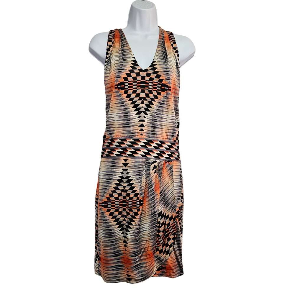 BCBGMAXAZRIA Halter Deep V-Neck Dress Aztec Geo Stretch Orange‎ Navy XS NWT